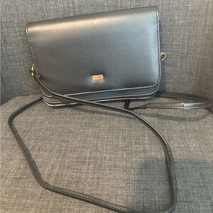 Buxton Black Leather Crossbody with Gold Accents